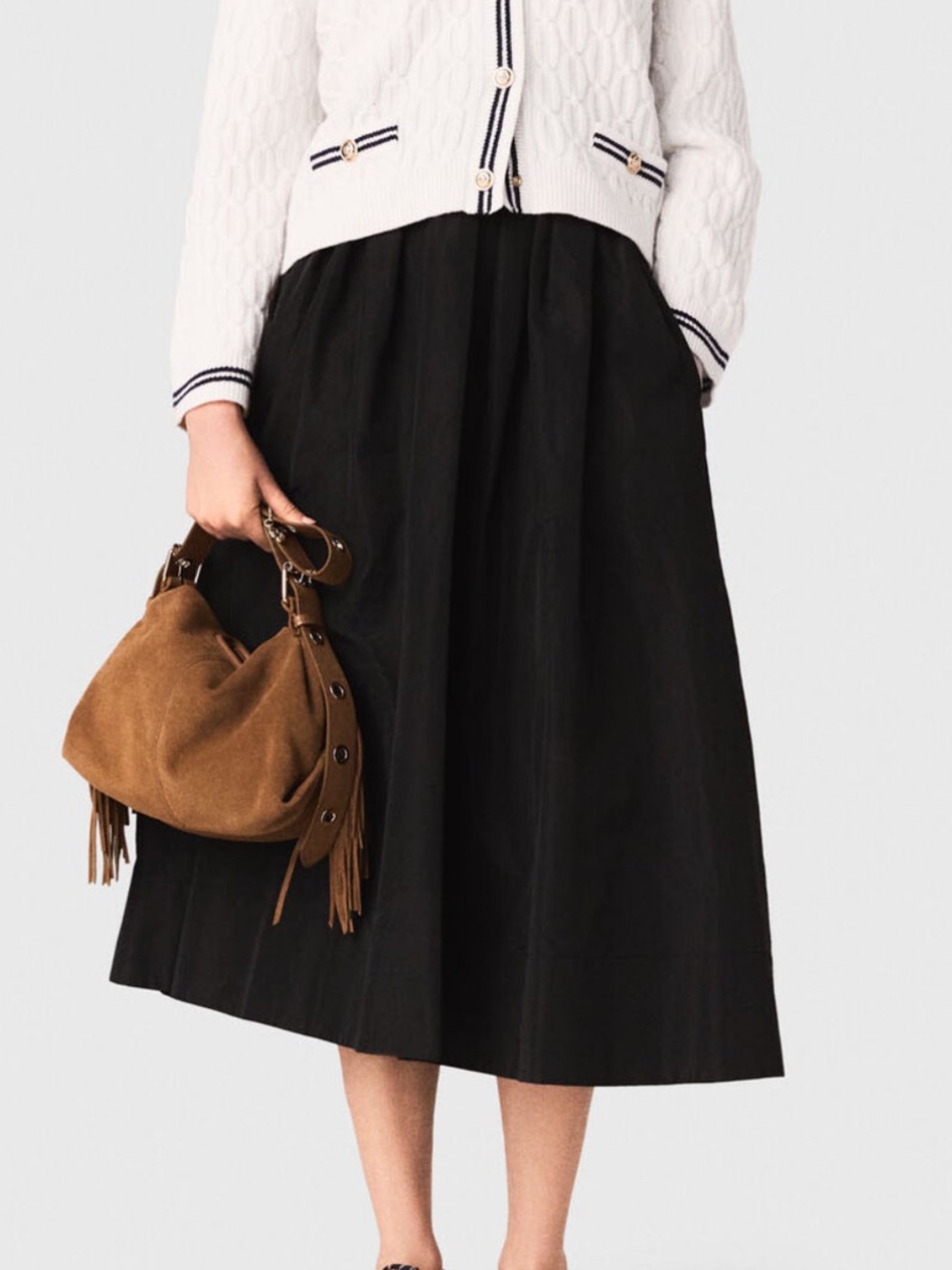 Maje Black Taffeta Midi Skirt with Pockets FR 36 US Small